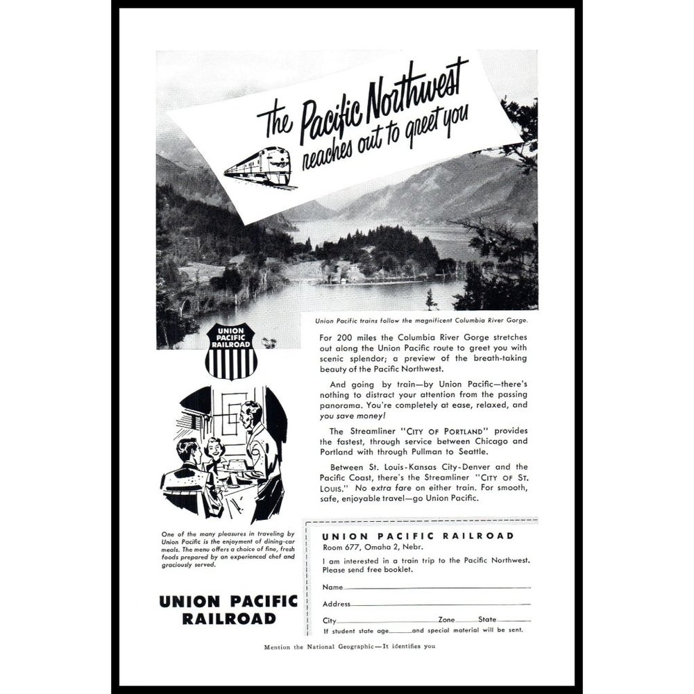 1953 Union Pacific Railroad Vintage Print Ad Northwest Columbia River Wall Art